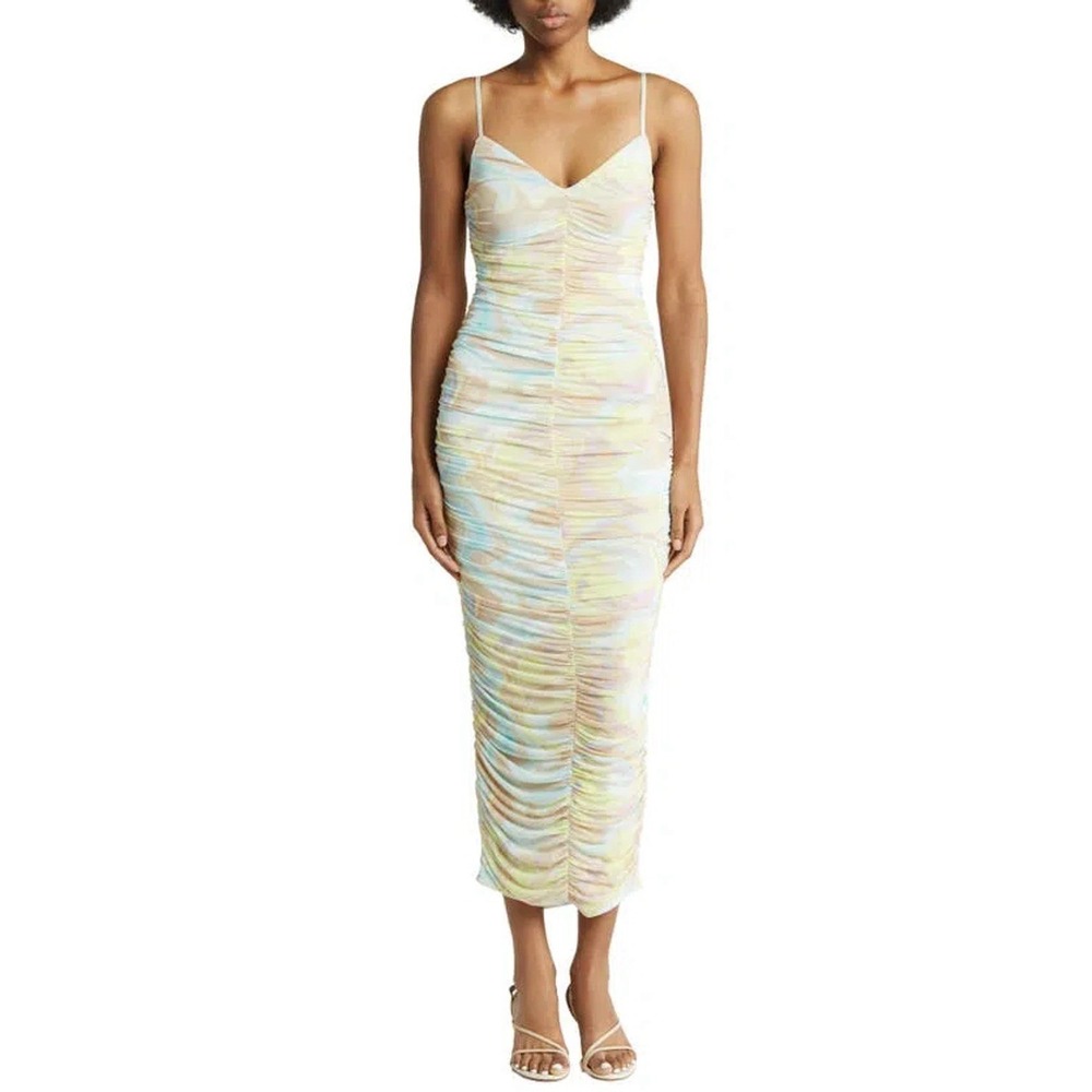 NWT AFRM‎ Aloisa Ruched Mesh Midi Slipdress Sz S Beachy Tropical Flirty Groovy